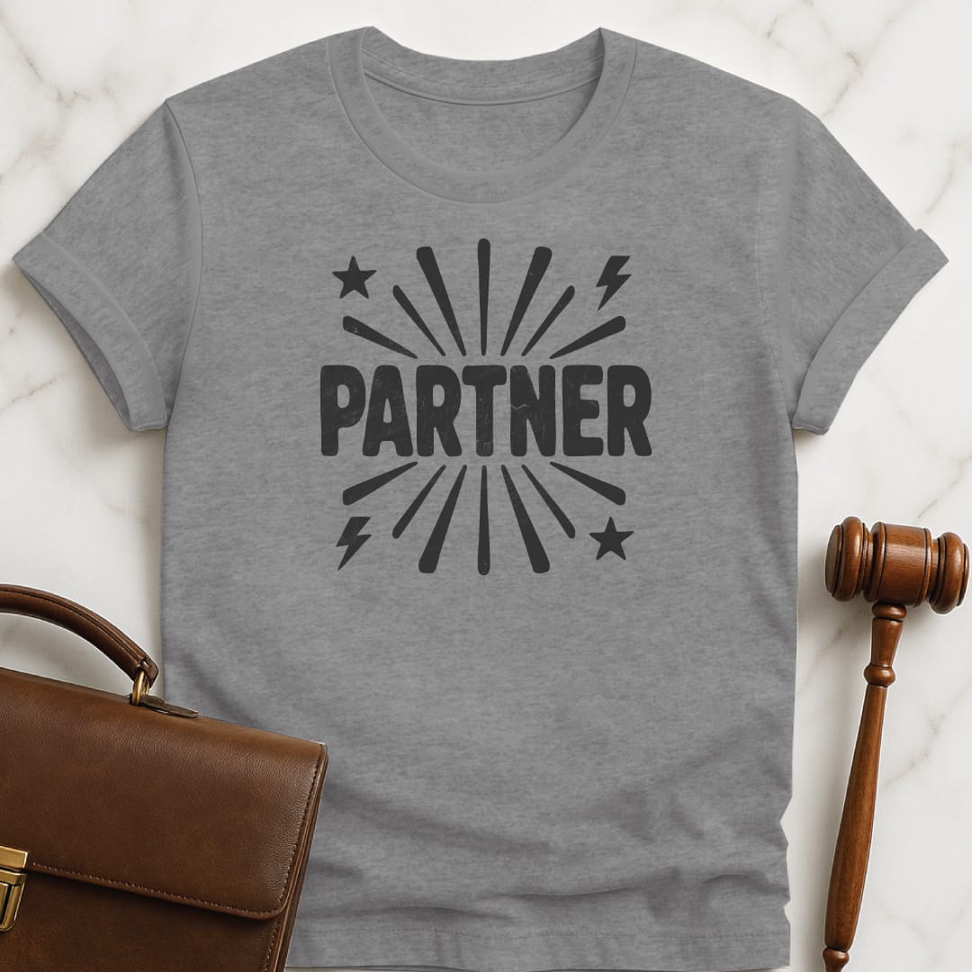 cool attorney tee that says Partner featuring stars and lines in grey