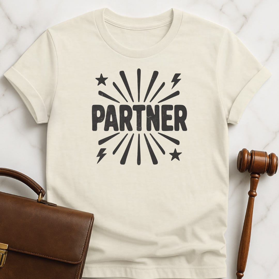cute lawyer graphic tshirt that says Partner featuring stars and lines in cream