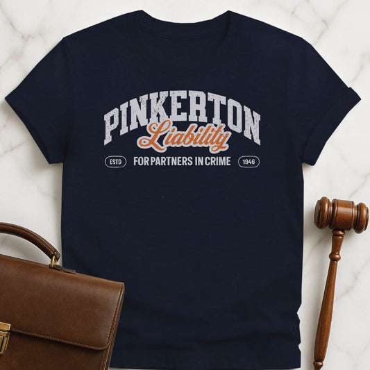 cool law school graphic tee that says Pinkerton Liability Partners In Crime Est 1946 in blue