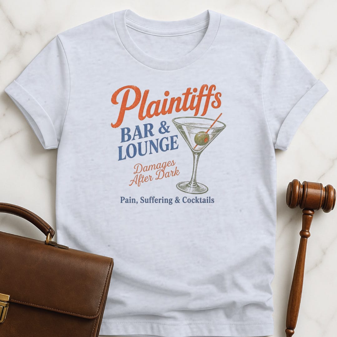 funny attorney tshirt that says Plaintiffs bar and lounge damages after dark featuring martini in grey