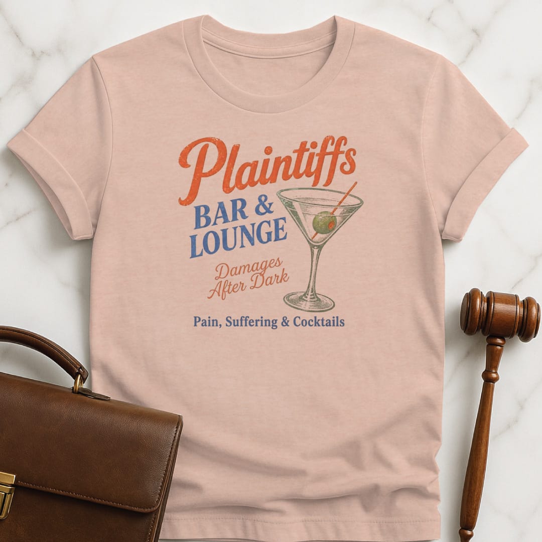 cool law grad tee that says Plaintiffs bar and lounge damages after dark featuring martini in heather peach