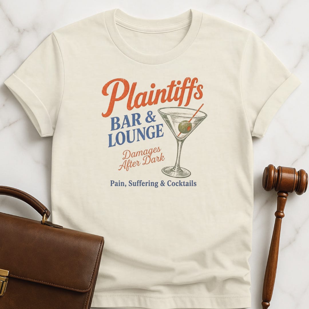 cool new lawyer graphic tee that says Plaintiffs bar and lounge damages after dark featuring martini in cream
