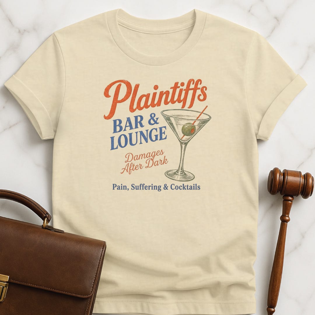 funny new attorney t-shirt that says Plaintiffs bar and lounge damages after dark featuring martini in cream