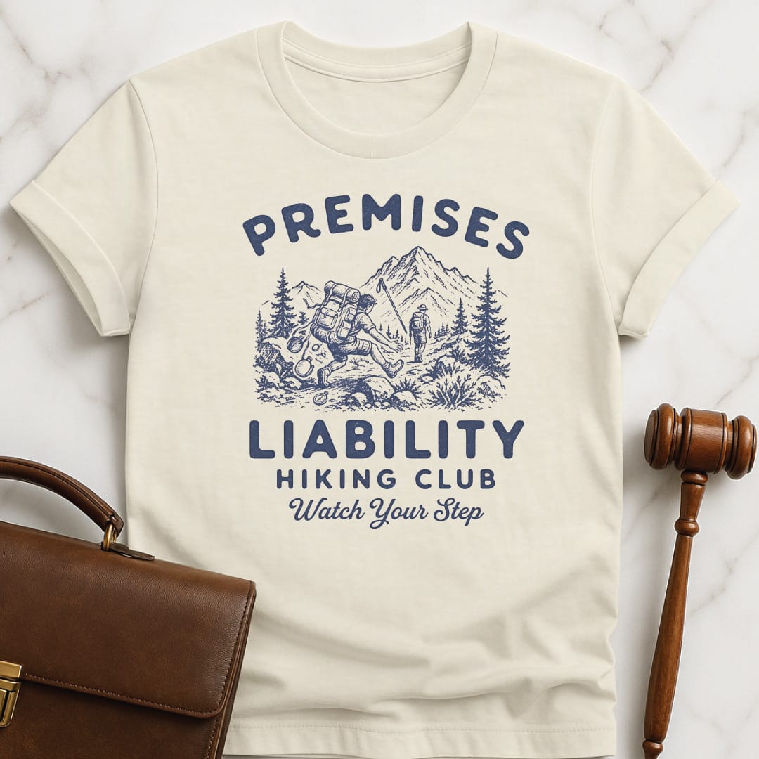 funny law graduate graphic tshirt that says premises liability hiking club watch your step featuring a hiker falling in cream