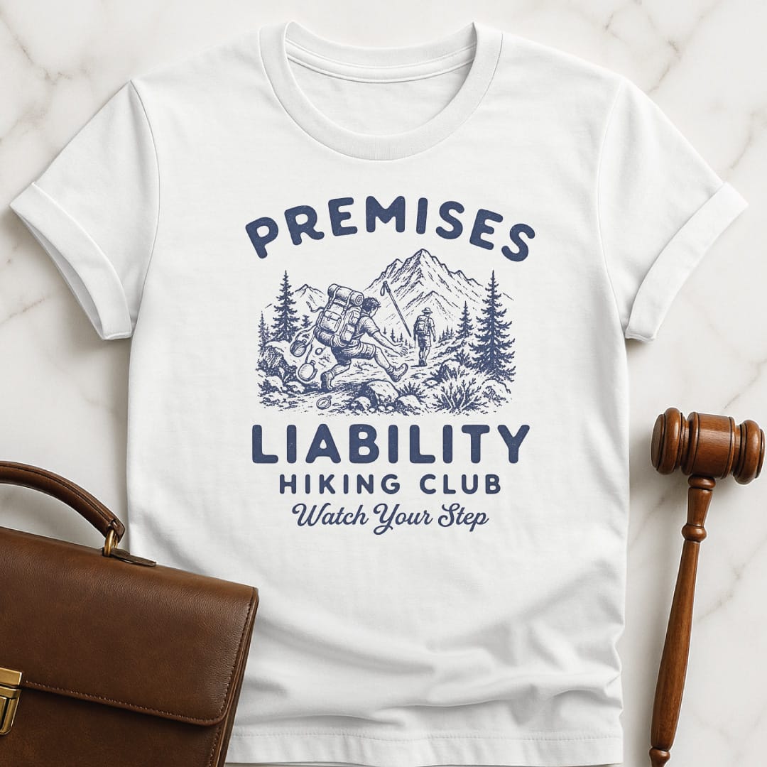 cool new lawyer graphic tee that says premises liability hiking club watch your step featuring a hiker falling in white