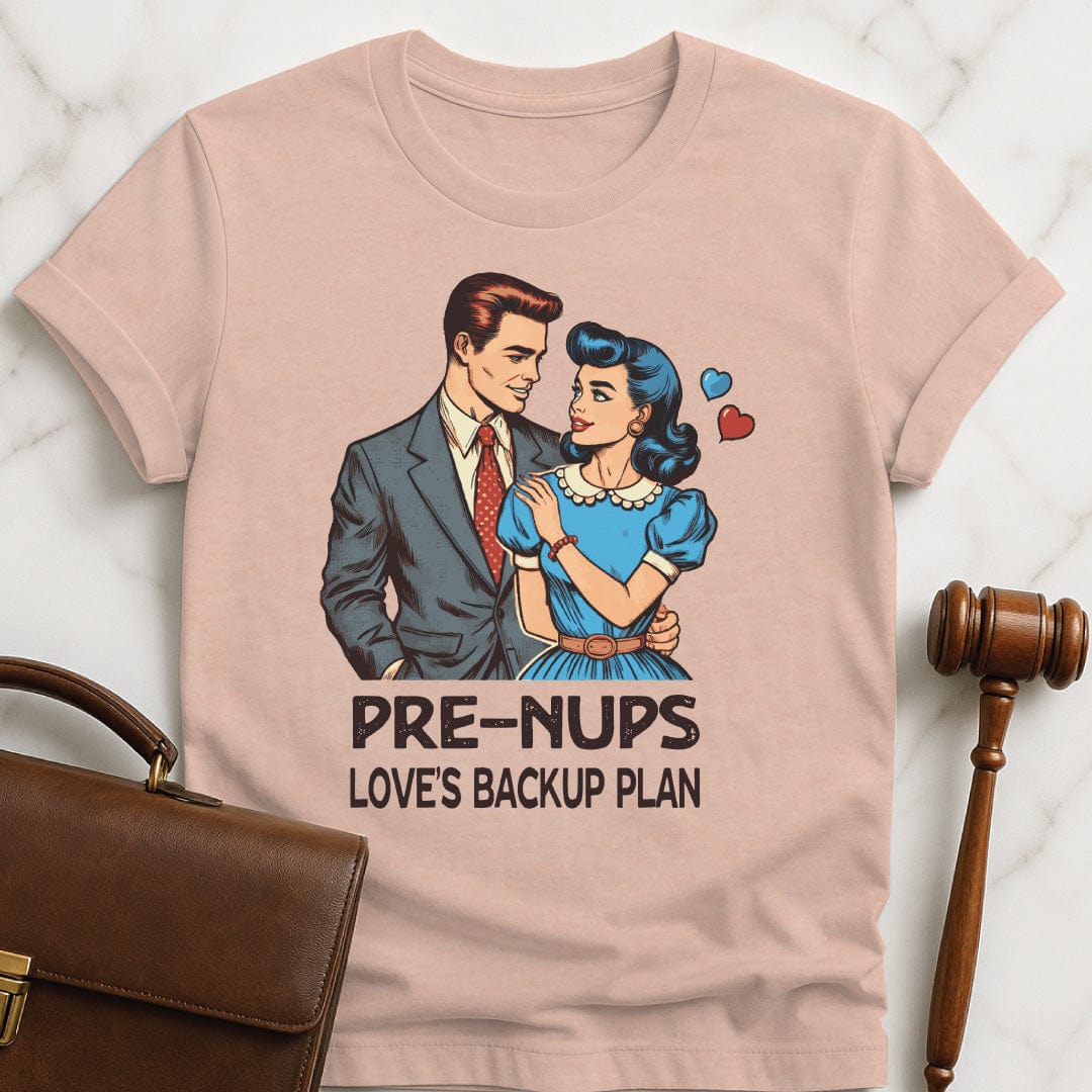 funny law school graduate t shirt that says prenups loves backup plan featuring a retro man and woman and hearts in heather peach