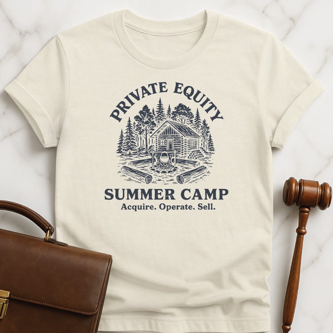 funny attorney t-shirt that says Private Equity summer camp acquire operate sell featuring cabin and trees and campfire in cream