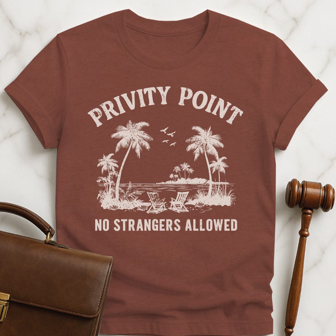 funny law graduate graphic tshirt that says privity point no strangers allowed featuring a beach scene with palm trees in heather brown
