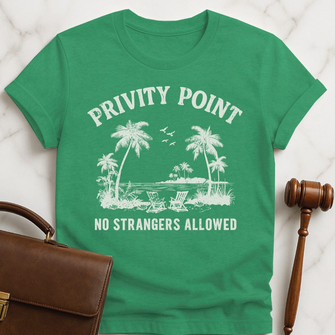 funny law student graphic t-shirt that says privity point no strangers allowed featuring a beach scene with palm trees in heather green