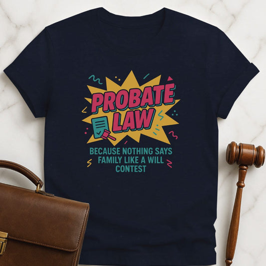 funny new attorney t shirt that says Probate Law because nothing says family like a will contest featuring 90s vibe in blue
