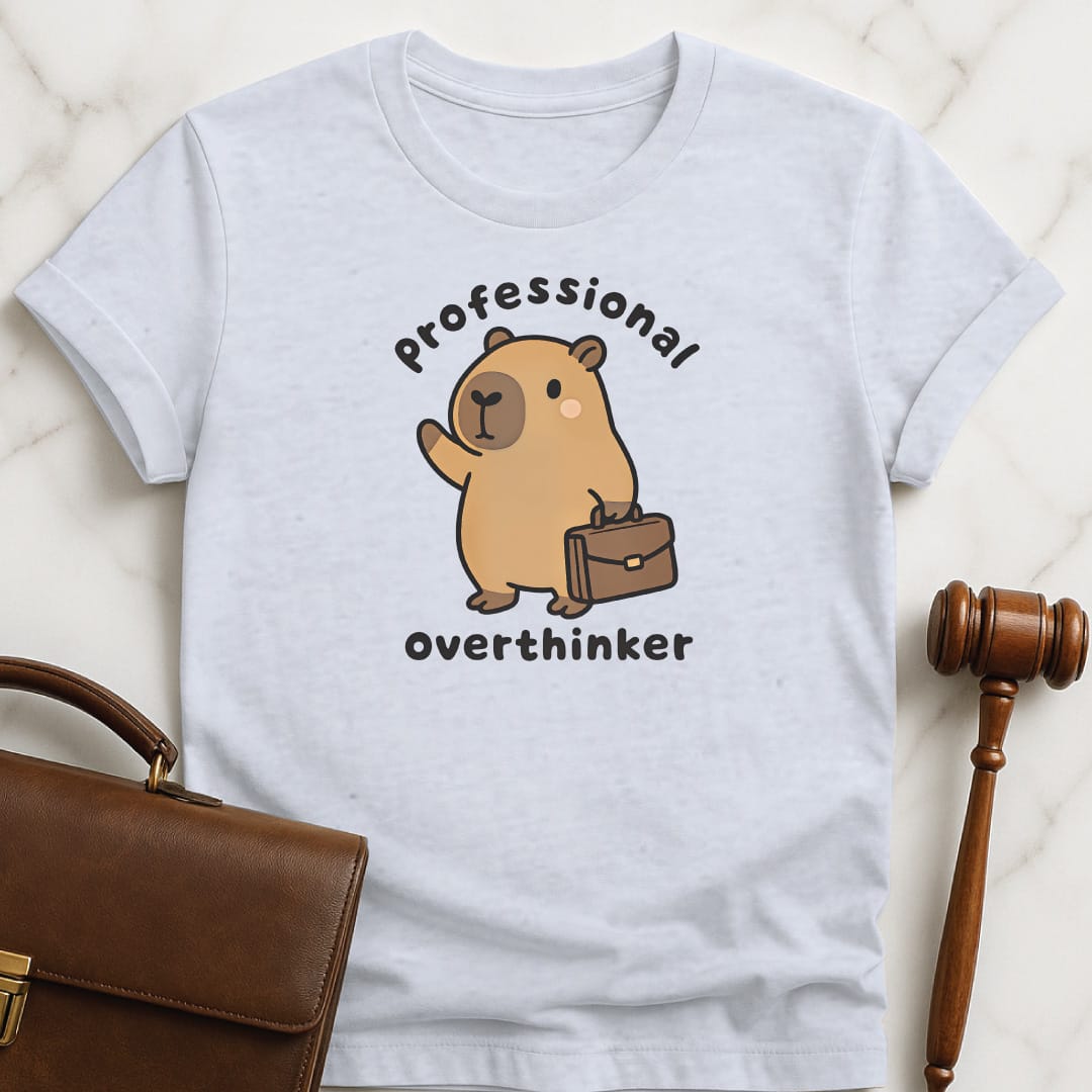 cute law school graphic tshirt that says professional overthinker featuring capybara with a briefcase in grey