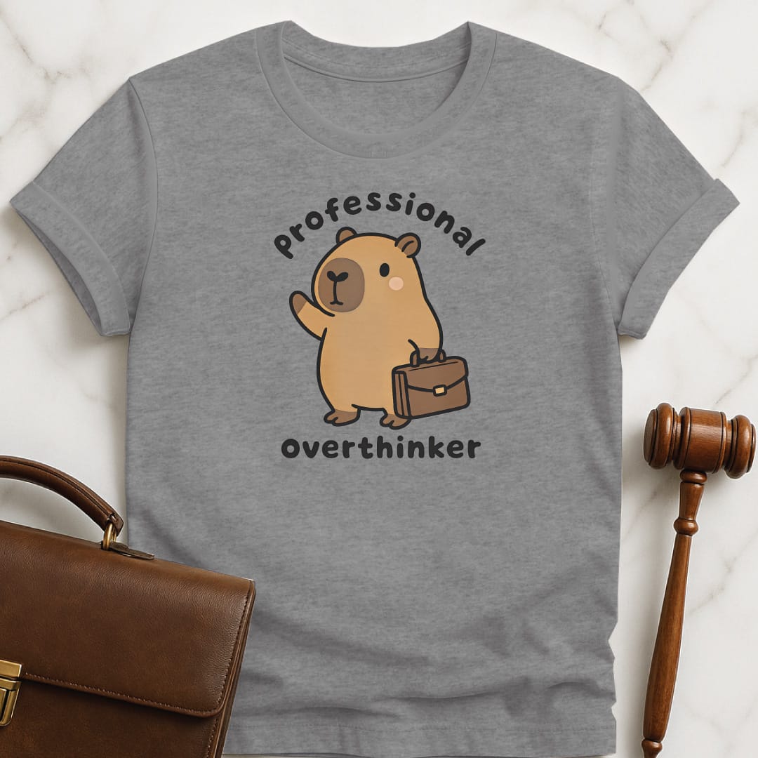 cute new lawyer tshirt that says professional overthinker featuring capybara with a briefcase in grey