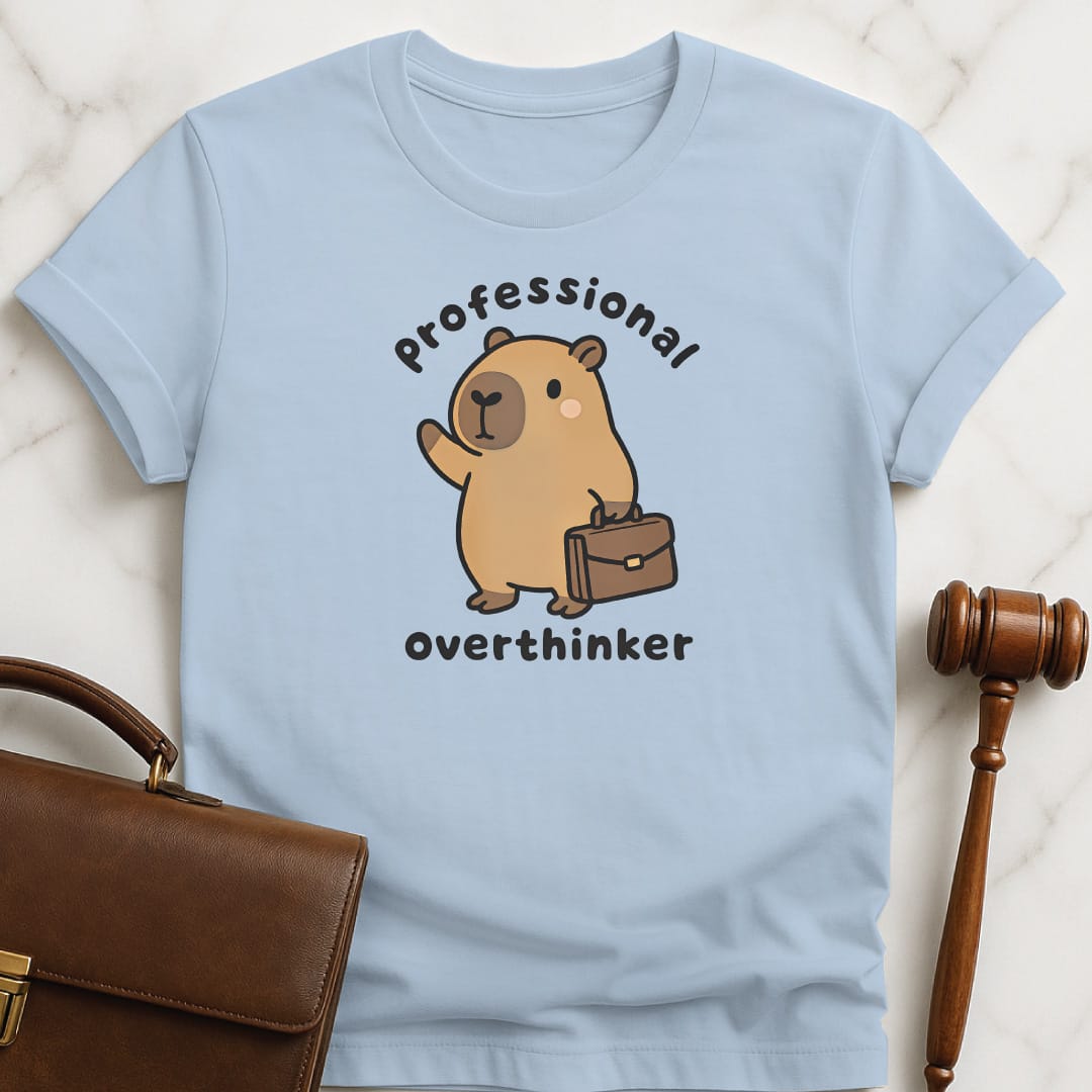 funny new attorney tee that says professional overthinker featuring capybara with a briefcase in blue