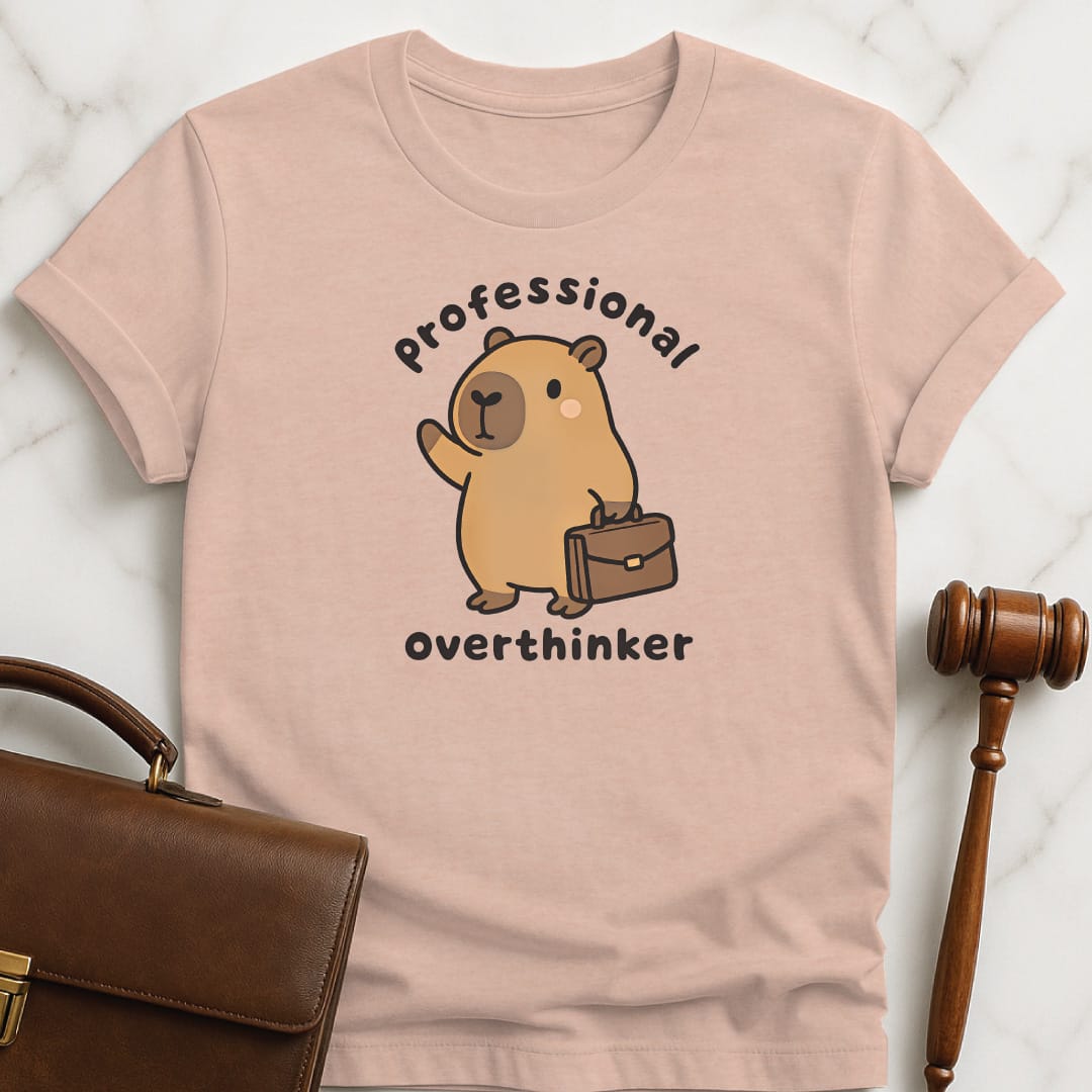 funny law student graphic tee that says professional overthinker featuring capybara with a briefcase in heather peach