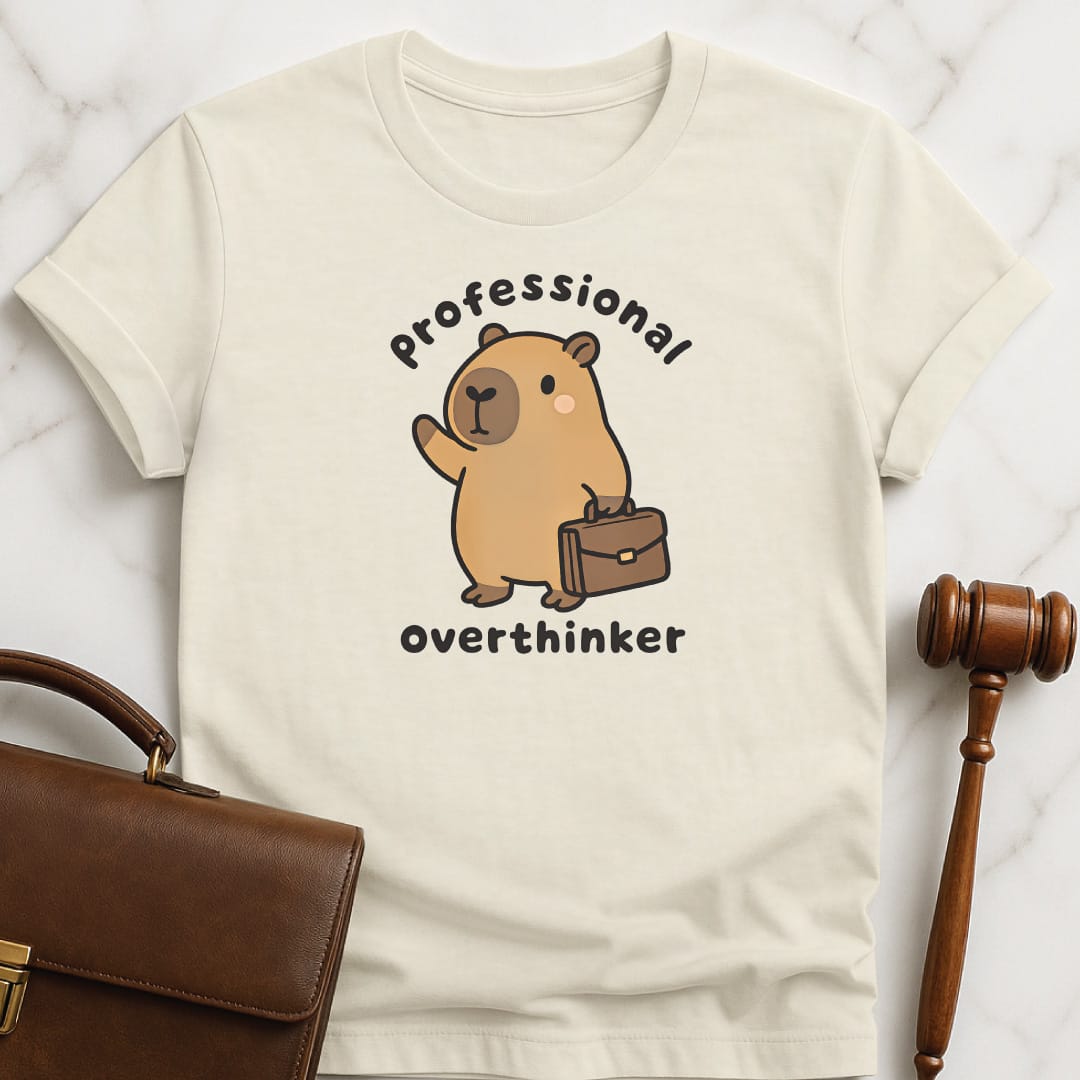 cute lawyer graphic t-shirt that says professional overthinker featuring capybara with a briefcase in cream