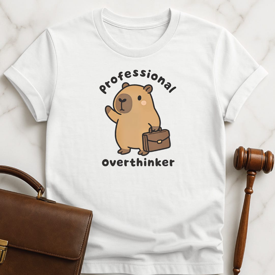 funny attorney graphic t shirt that says professional overthinker featuring capybara with a briefcase in white