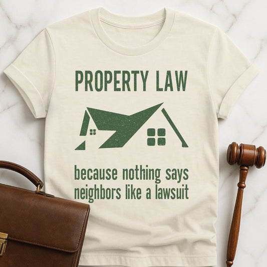 cool new lawyer graphic tee that says Property Law Because Nothing Says Neighbors Like a Lawsuit featuring a house in cream