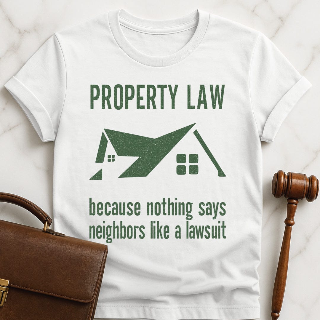 cool law grad graphic t shirt that says Property Law Because Nothing Says Neighbors Like a Lawsuit featuring a house in white
