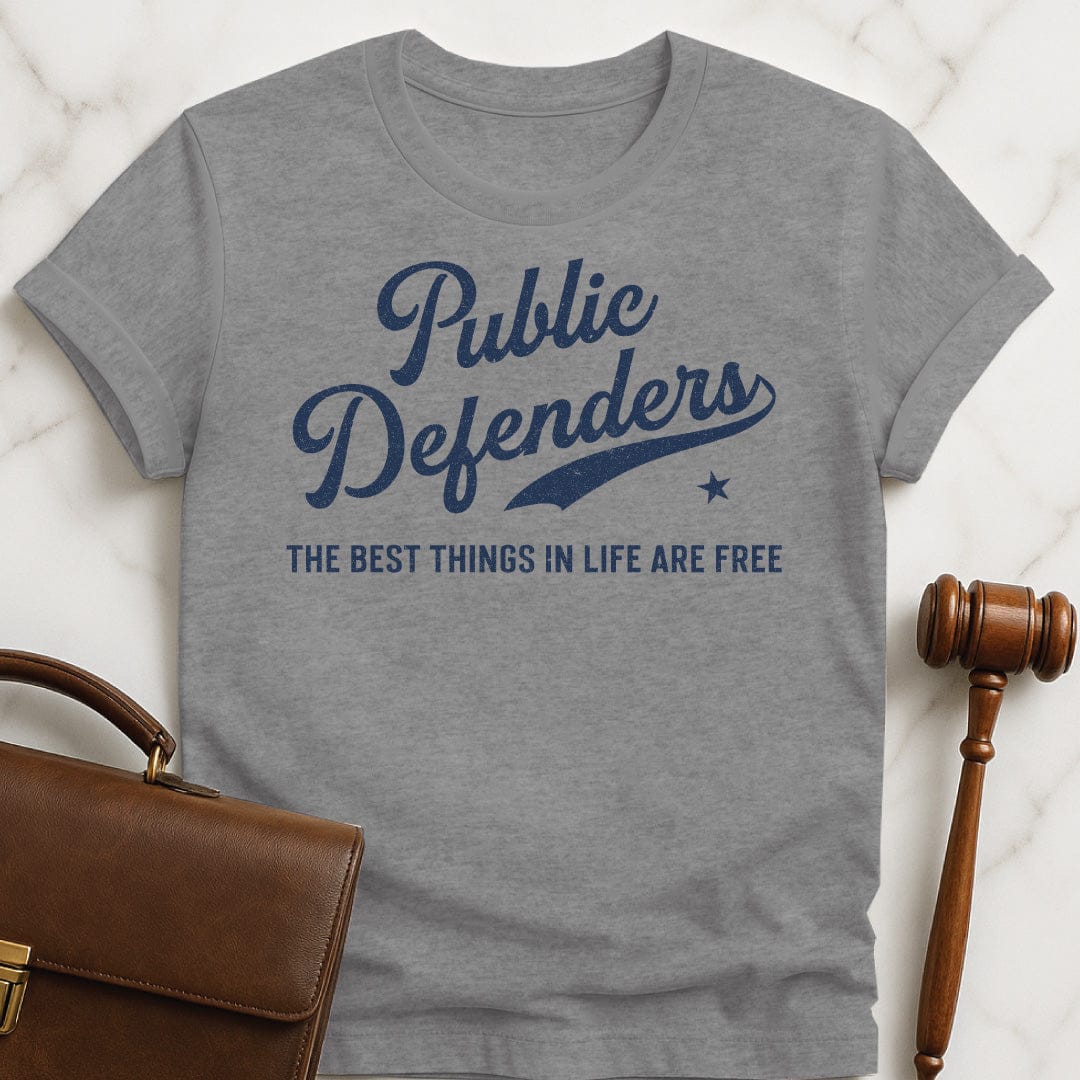 funny law school grad graphic t-shirt that says Public Defenders the best things in life are free in grey