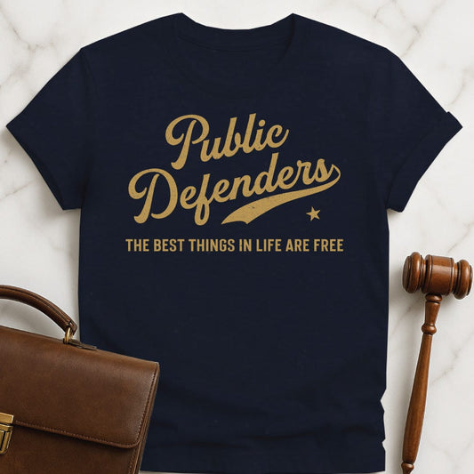 funny attorney graphic t-shirt that says Public Defenders the best things in life are free in blue