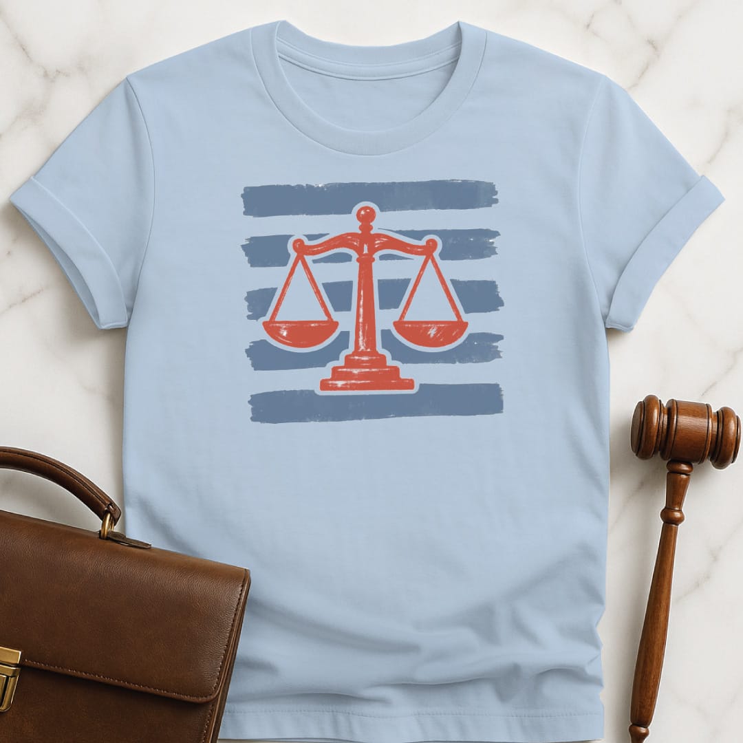 cute law school graphic t-shirt featuring red scales of justice with blue stripes in blue