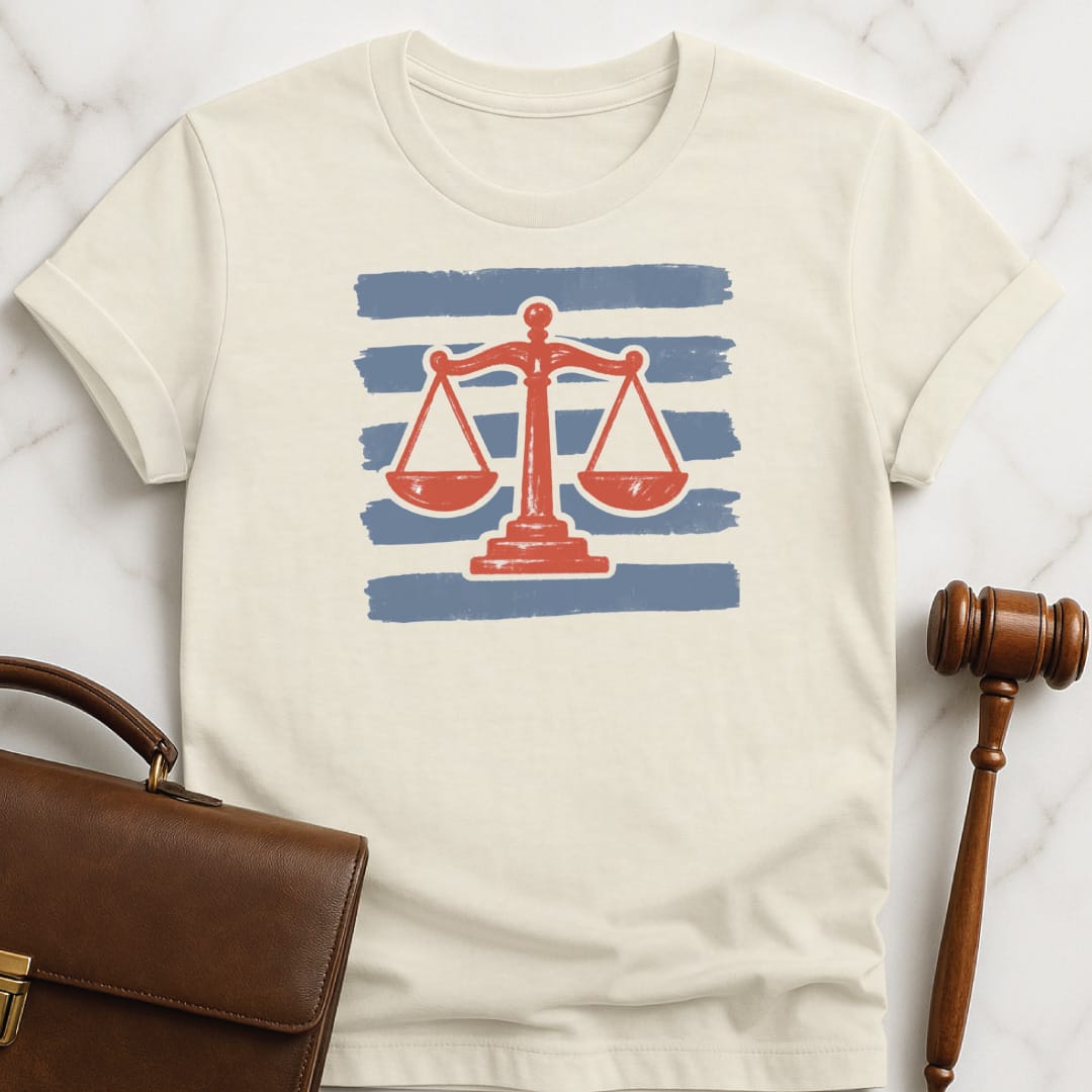 cute law grad graphic tshirt featuring red scales of justice with blue stripes in cream