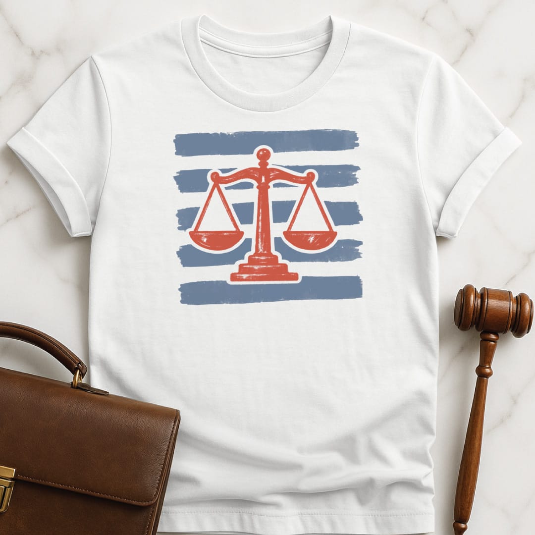 unique law school grad graphic tee featuring red scales of justice with blue stripes in white