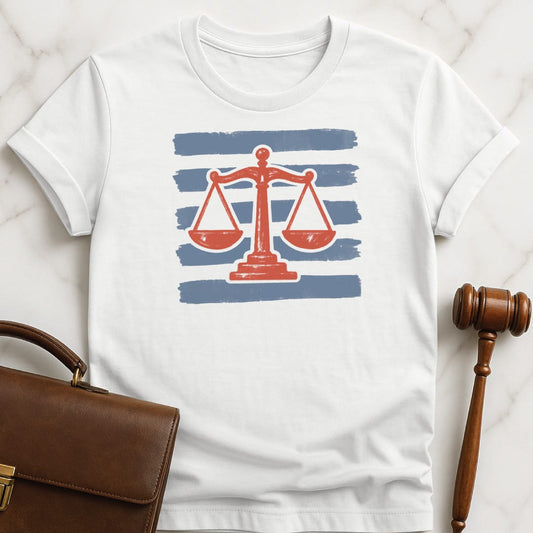 unique law school grad graphic tee featuring red scales of justice with blue stripes in white