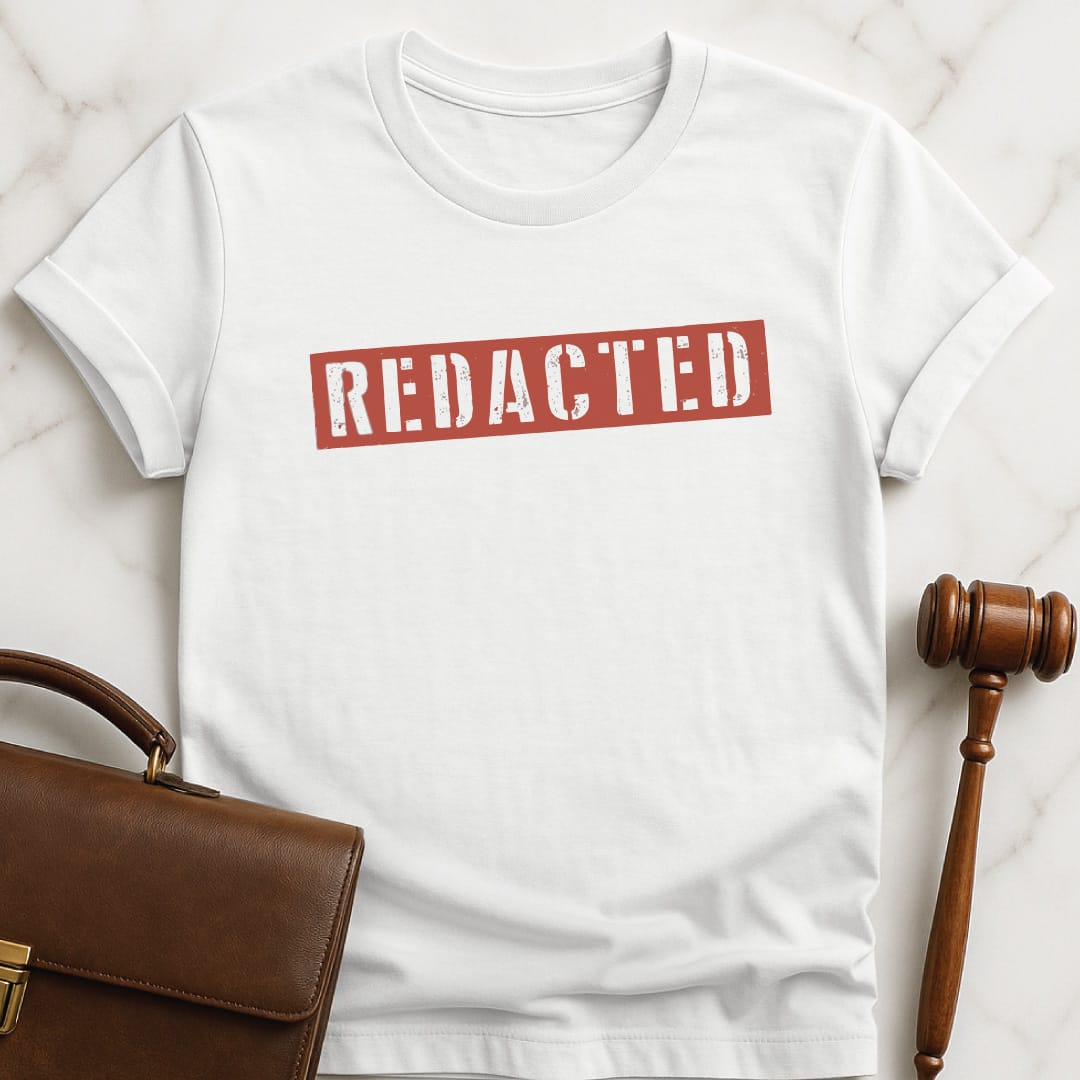 cool law graduate t shirt that says Redacted featuring red letters in white