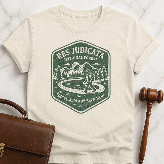 funny law grad graphic tee that says res judicata national park youve already been here featuring a circular path in a forest in cream