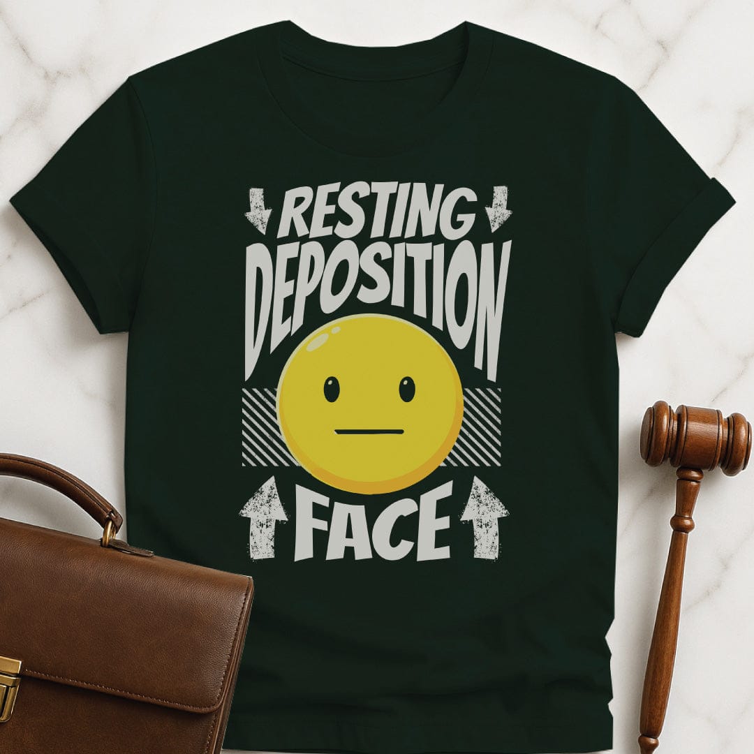 funny new lawyer tee that says Resting deposition face featuring unsmiling emoji in green