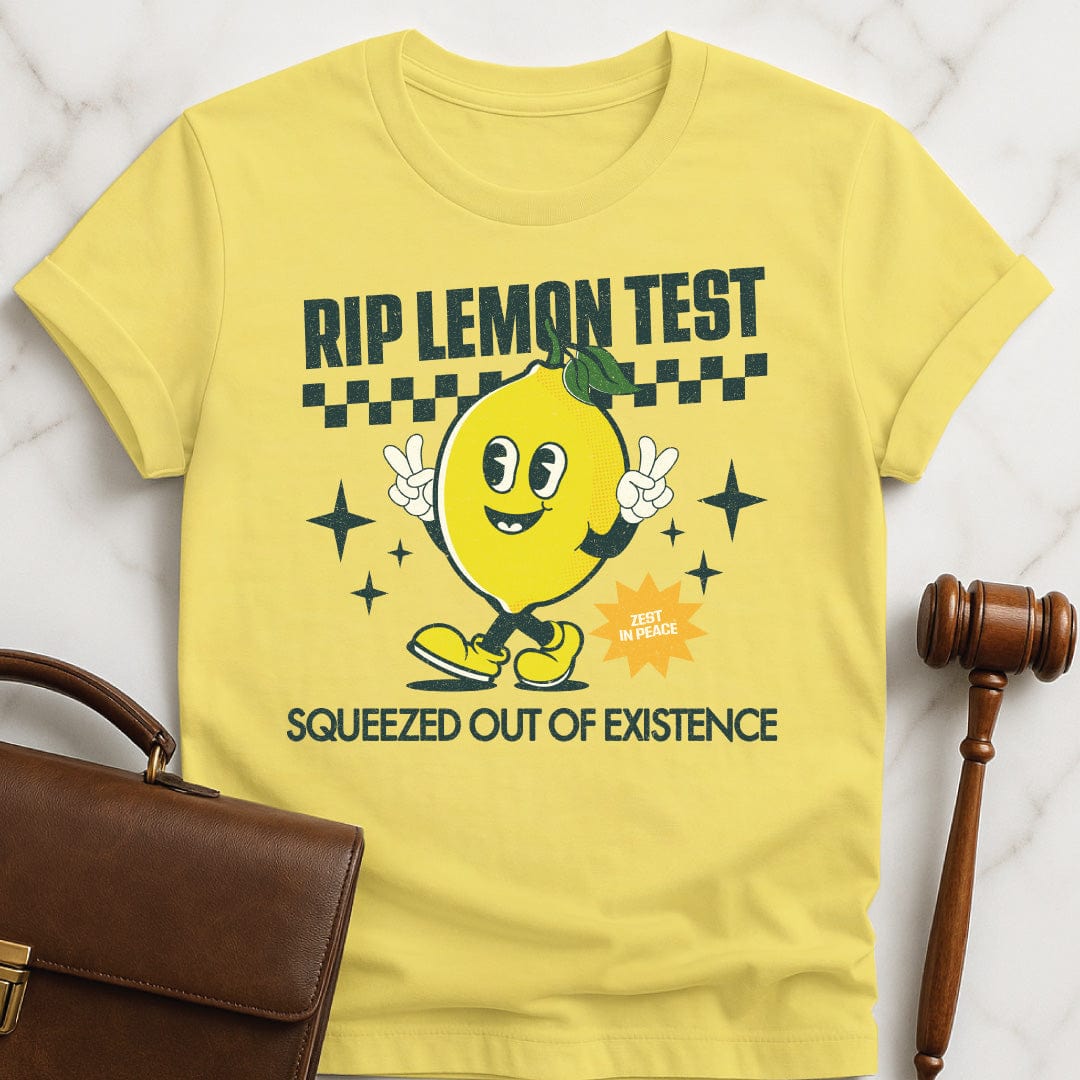 cool law grad graphic tee that says rip lemon test squeezed out of existence zest in peace featuring a cute lemon with a face and arms and legs in yellow
