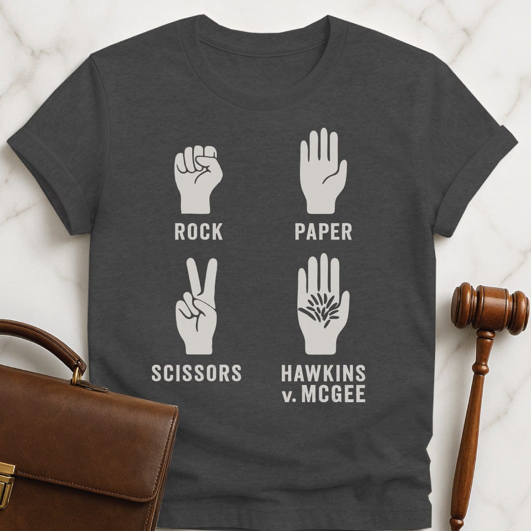 funny new attorney graphic tshirt that says rock paper scissors hawkins v mcgee featuring a hand in a fist a hand with flat palm a hand with two fingers up in a V and a hairy palm in grey