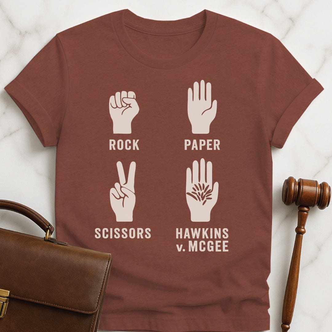 funny law school grad graphic t-shirt that says rock paper scissors hawkins v mcgee featuring a hand in a fist a hand with flat palm a hand with two fingers up in a V and a hairy palm in heather brown
