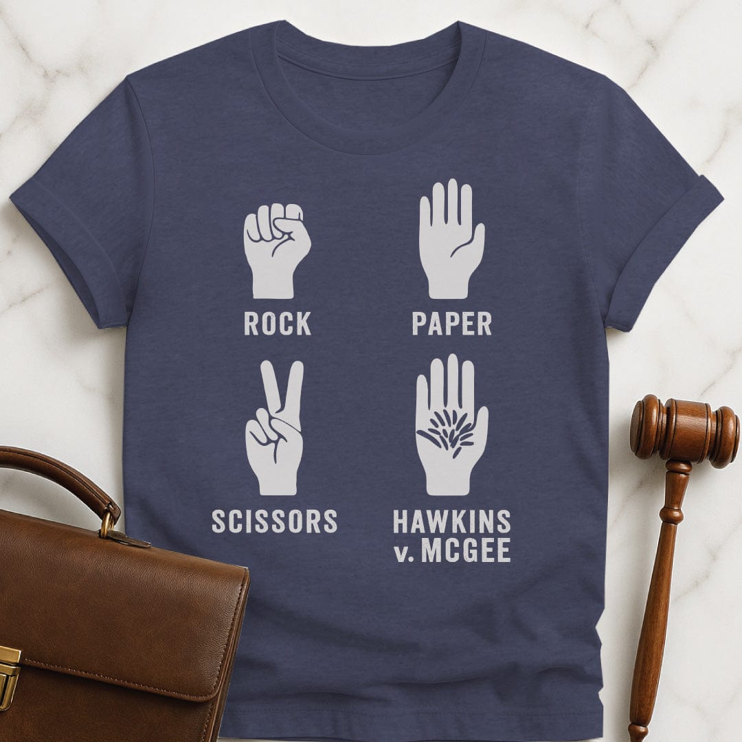 funny law graduate tshirt that says rock paper scissors hawkins v mcgee featuring a hand in a fist a hand with flat palm a hand with two fingers up in a V and a hairy palm in heather blue