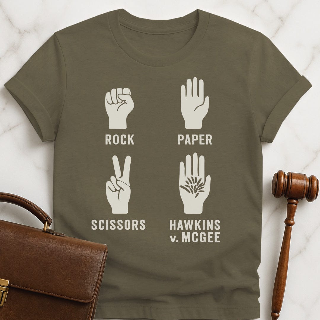funny attorney tshirt that says rock paper scissors hawkins v mcgee featuring a hand in a fist a hand with flat palm a hand with two fingers up in a V and a hairy palm in heather green