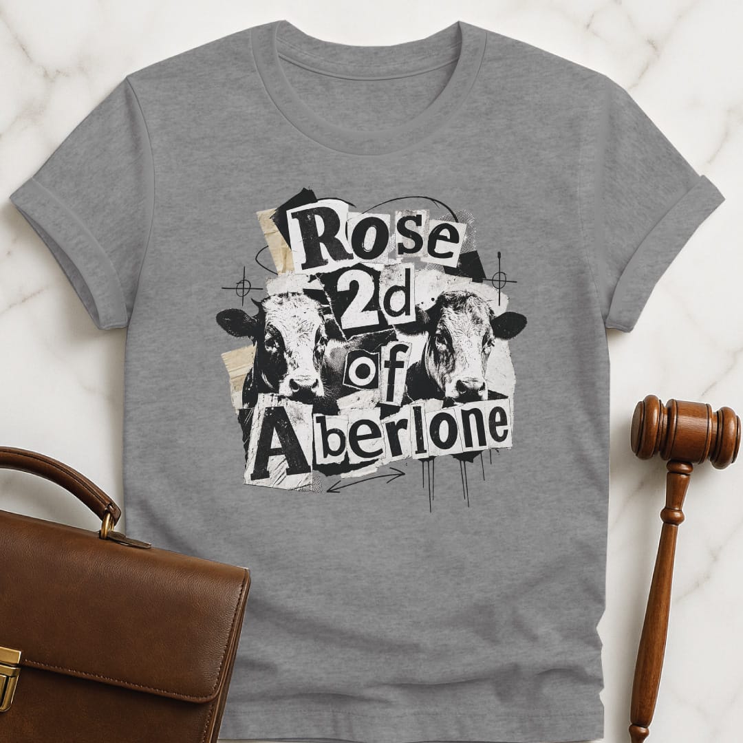 funny law student graphic tshirt that says Rose 2d of Aberlone featuring scapbook style of cows in grey