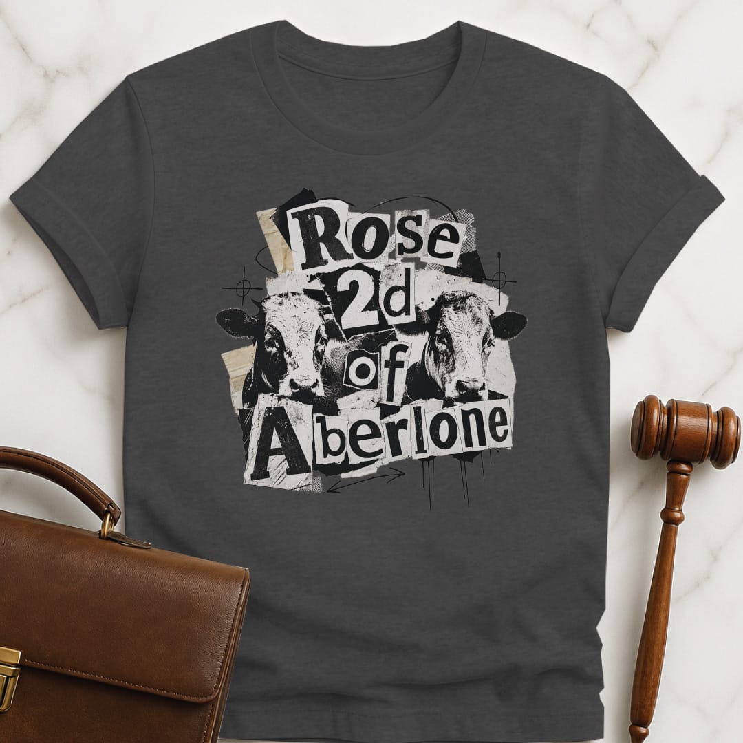 cool law school graphic tee that says Rose 2d of Aberlone featuring scapbook style of cows in grey
