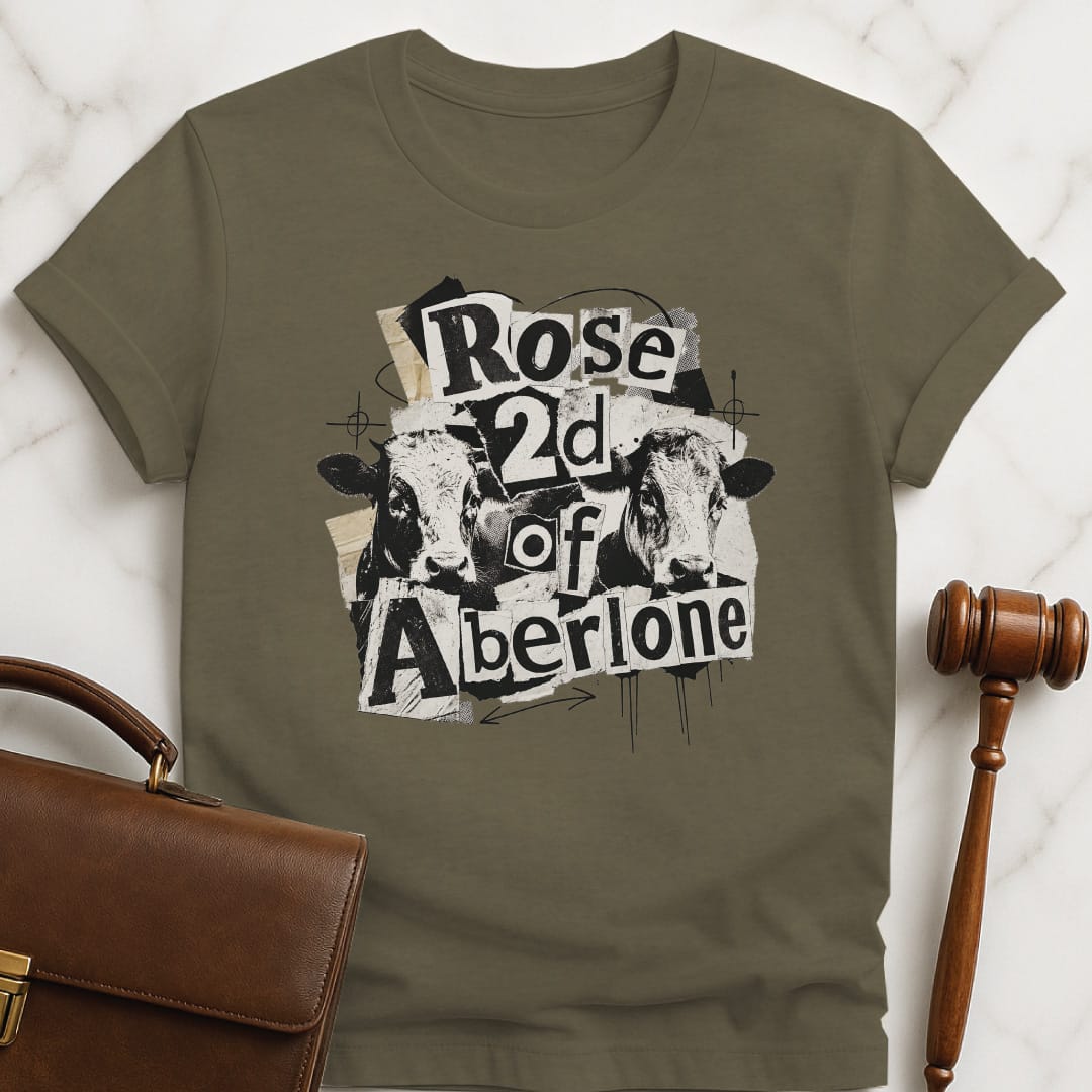 cool law school tee that says Rose 2d of Aberlone featuring scapbook style of cows in heather green
