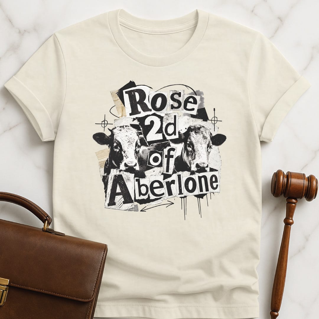 funny law student t-shirt that says Rose 2d of Aberlone featuring scapbook style of cows in cream
