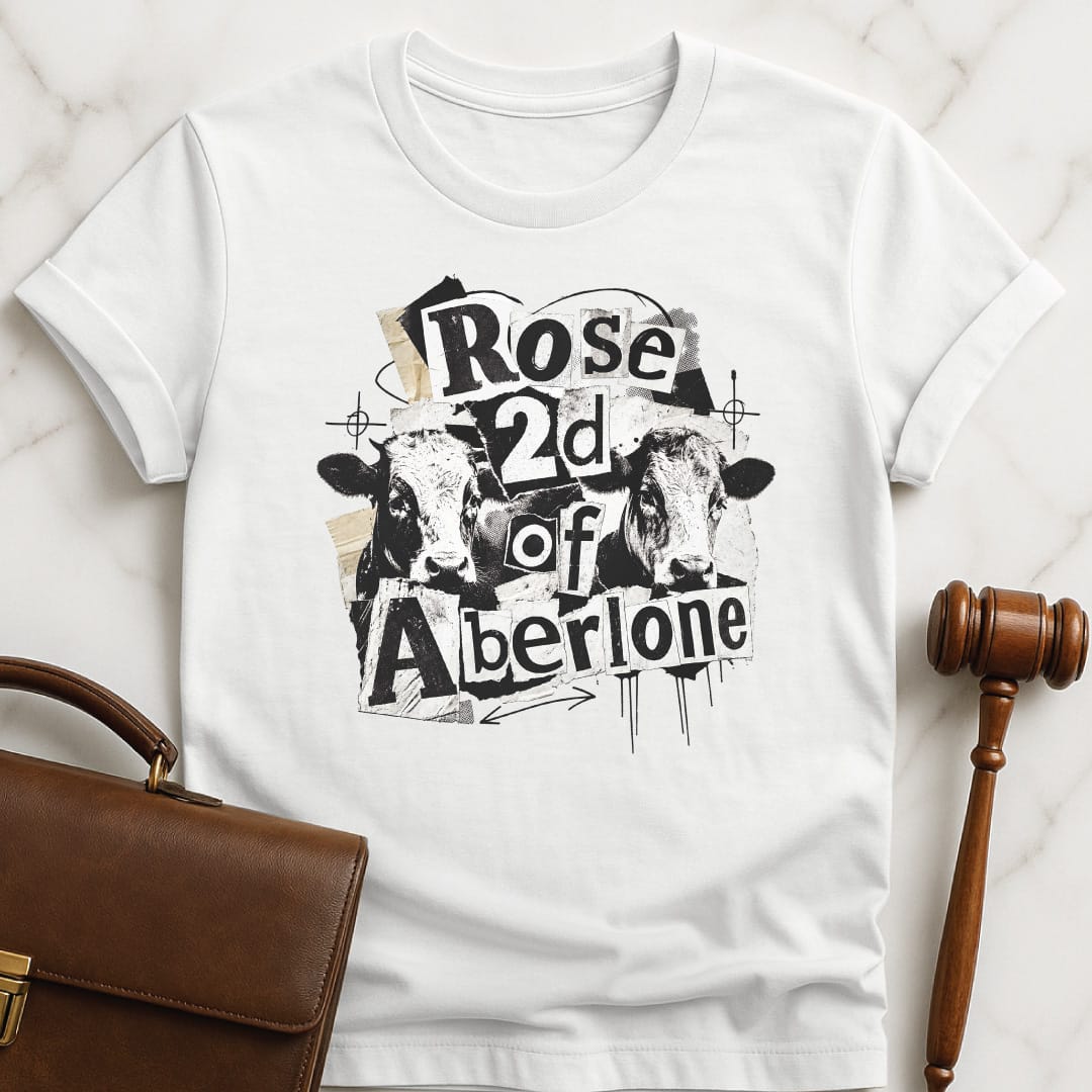 cool law school t shirt that says Rose 2d of Aberlone featuring scapbook style of cows in white