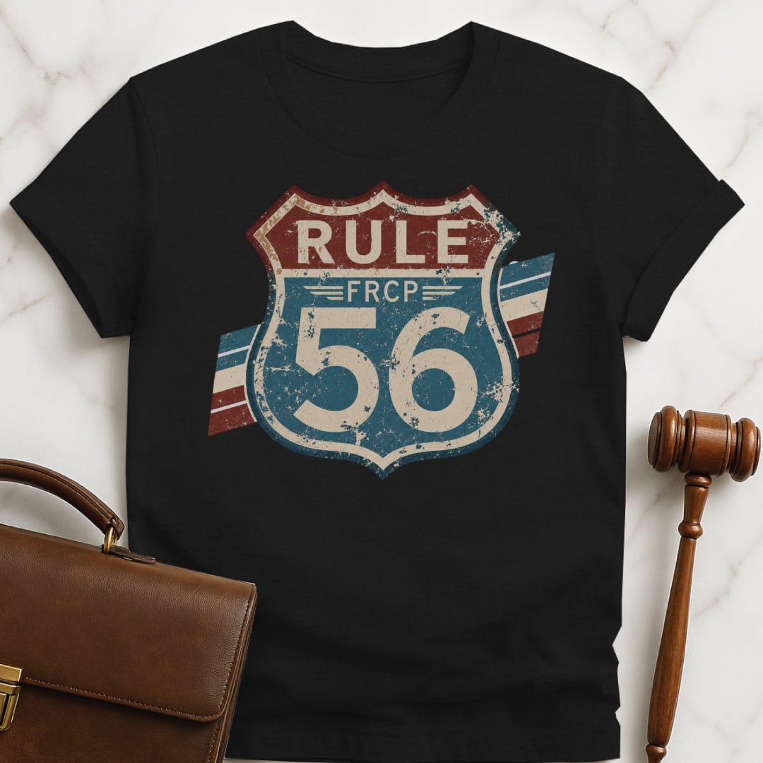 funny new lawyer graphic t-shirt that says Rule 56 FRCP featuring like a Route sign in black