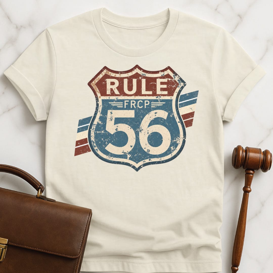 cool new attorney graphic t shirt that says Rule 56 FRCP featuring like a Route sign in cream