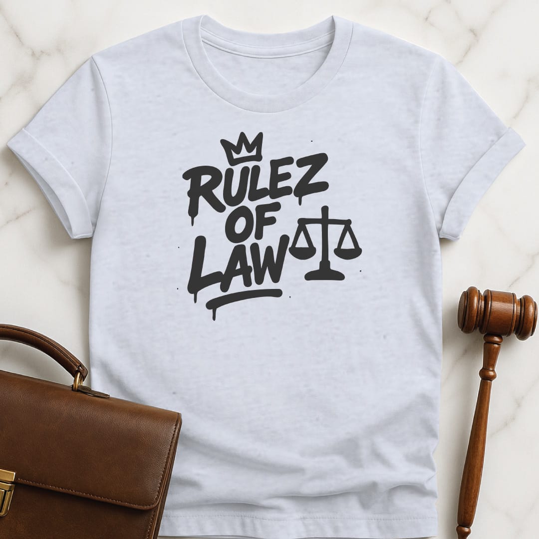 trendy law student tee that says Rulez of Law featuring logo in grey