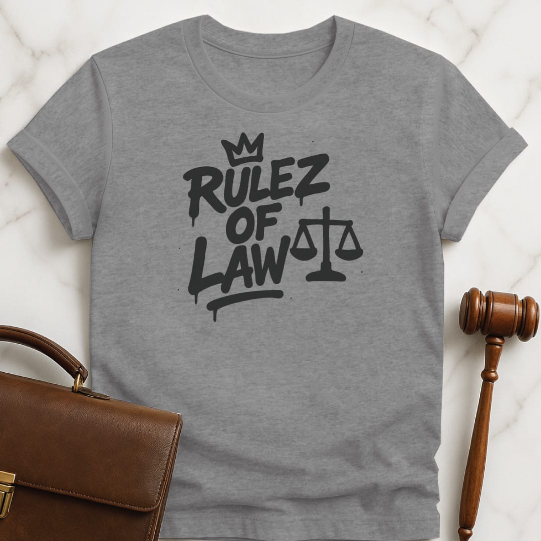 cool new lawyer graphic tshirt that says Rulez of Law featuring logo in grey