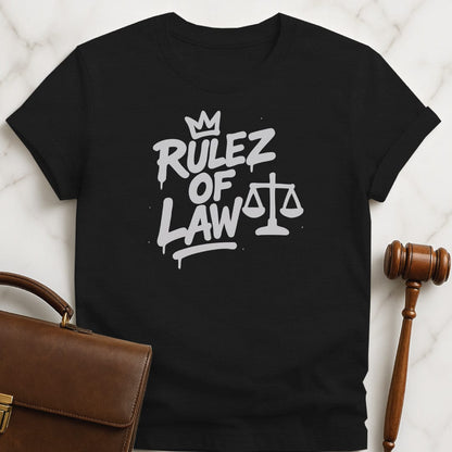 trendy new attorney graphic tee that says Rulez of Law featuring logo in black