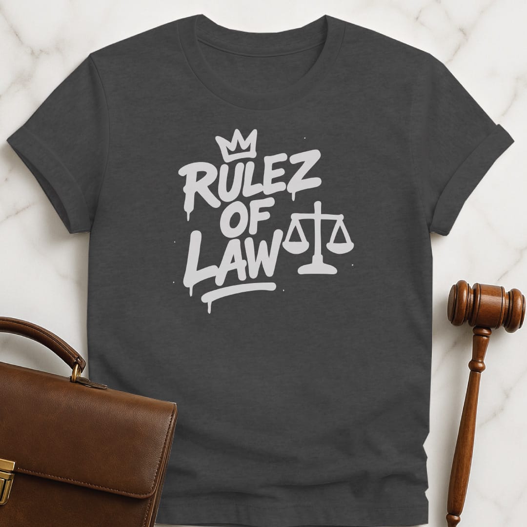 cool lawyer t-shirt that says Rulez of Law featuring logo in grey