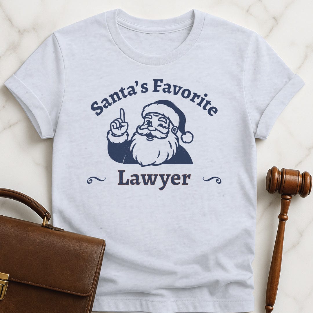 santa law grad t shirt that says Santas Favorite Lawyer featuring Santa holding up a finger in grey