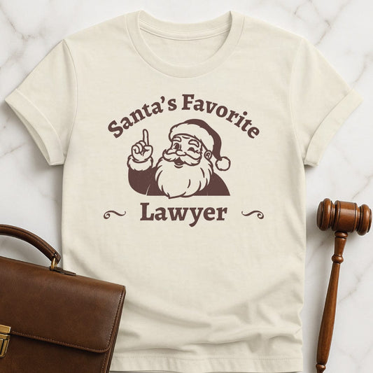 santa law grad t shirt that says Santas Favorite Lawyer featuring Santa holding up a finger in cream