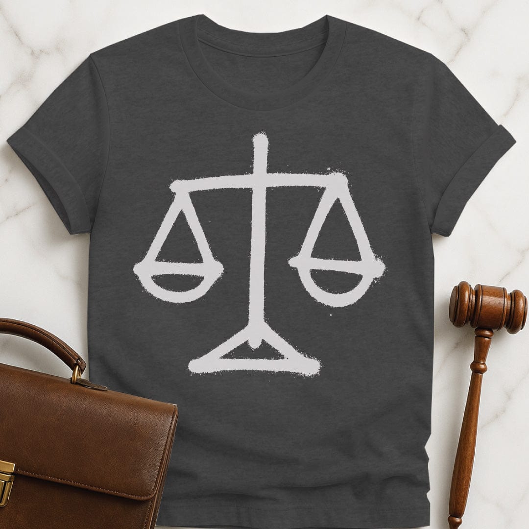 cool law school grad t-shirt featuring scales of justice graffiti style in grey